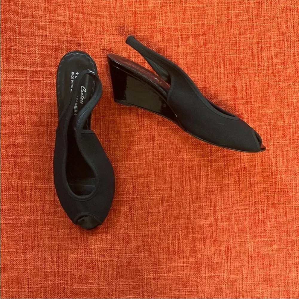 Couture Donald J Pilner Black Slingback Wedge Peeptoe Shoes